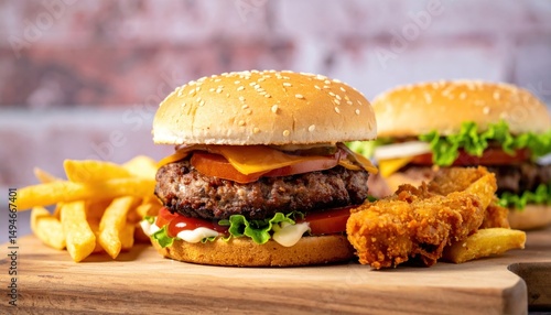 Wallpaper Mural Delicious Burgers served with Crispy Fries and Chicken Nuggets on Wooden Board Torontodigital.ca