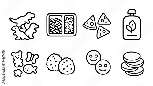 Children's snacks outlined icons set – filled, silhouette, food and playtime graphics