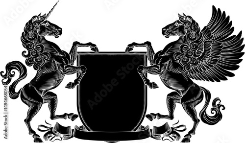 A heraldry crest Unicorn and Pegasus winged horse family coat of arms heraldic shield emblem design in an old medieval vintage style