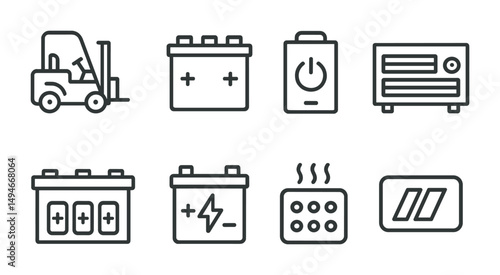 Industrial equipment line icons set – outline, machinery, factory and warehouse symbols