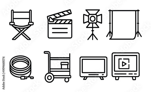 Movie and film industry outline icons set – cinema, director, production symbols