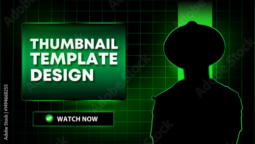 Editable YouTube Modern Thumbnail Template with Glowing Green Elements Neon Green Grid Background Glowing Watch Now Button 