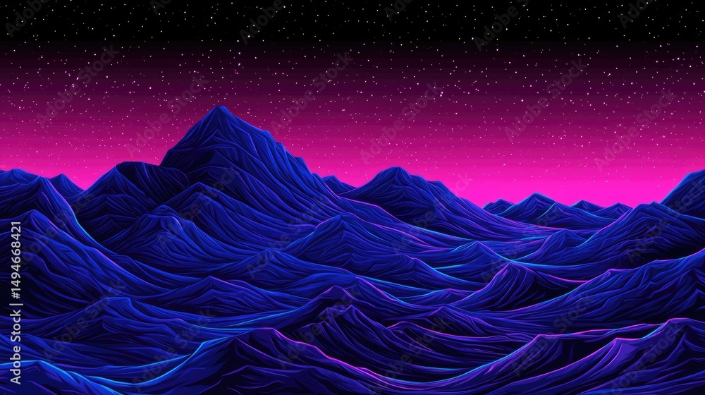Obraz premium Synthwave-styled digital art depicting a vibrant, stylized mountain range under a dark, starlit sky. Pink and blue hues dominate the landscape