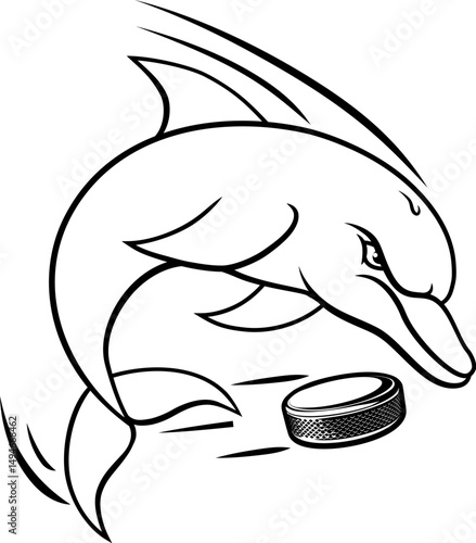 Dolphin animal mean tough ice hockey sports team mascot hitting a hockey puck ball
