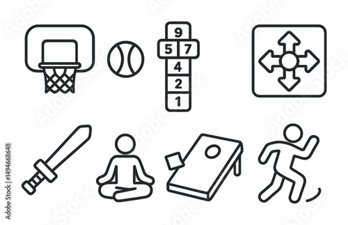 Outdoor games outline icons set – flat, linear sports and recreational symbols
