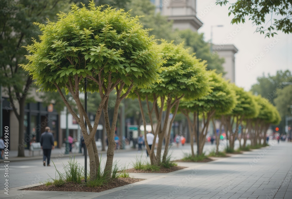 Lush trees lining a city street, creating a vibrant urban atmosphere Lush trees lining a city street, creating a vibrant urban atmosphere