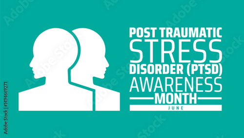 PTSD Post traumatic stress disorder Awareness Month background banner or poster design template. observed every year in June. Holiday concept. Use to any Template, card, poster, placard, template.