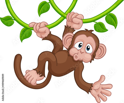 A monkey cartoon character singing on jungle vines and waving