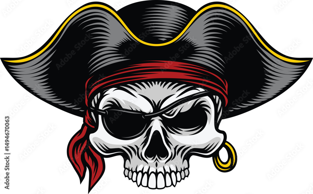 A pirate skull in a captain hat skeleton vintage woodcut style design A pirate skull in a captain hat skeleton vintage woodcut style design
