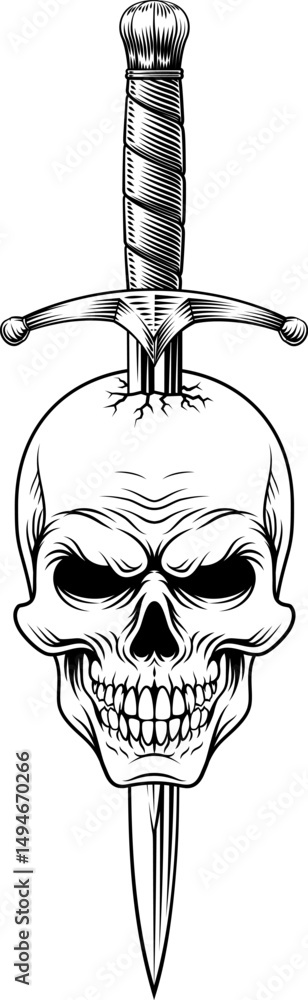 Fototapeta premium A skull dagger knife tattoo grim reaper military army style design illustration