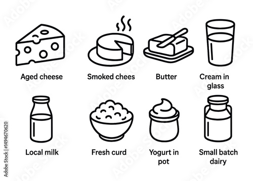 Dairy products outline icons set – cheese, milk, food and beverage symbols