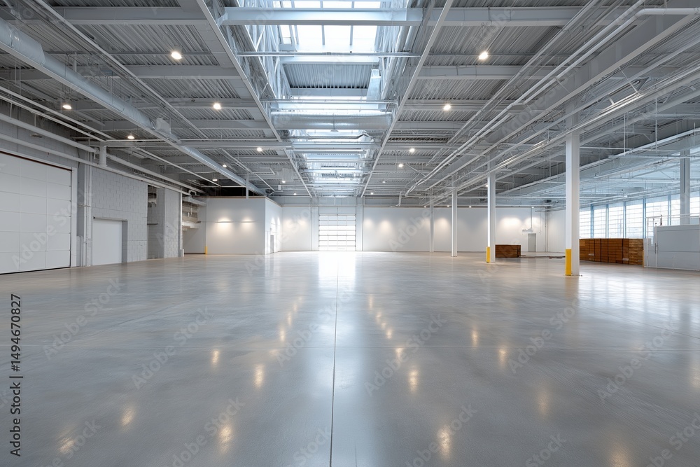 Obraz premium A large, empty warehouse with a lot of light shining on the floor. The space is very open and empty, with no furniture or people visible. Scene is one of emptiness and solitude