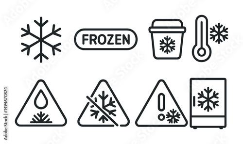 Frozen food safety outline icons set – linear, chilled, preservation symbols