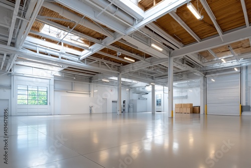 A large, empty warehouse with a lot of space and a lot of light. The space is very open and airy, with a lot of natural light coming in from the windows. Scene is one of emptiness and potential