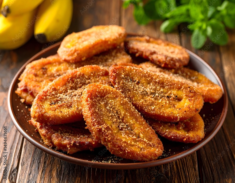 Crispy Fried Plantains with Sugar and Cinnamon on Wooden Table Crispy Fried Plantains with Sugar and Cinnamon on Wooden Table