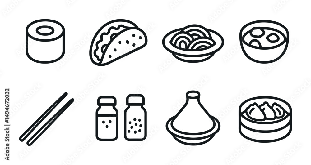 custom made wallpaper toronto digitalAsian cuisine outline icons set - linear, food, restaurant and dining graphics