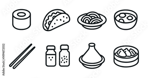 Asian cuisine outline icons set - linear, food, restaurant and dining graphics