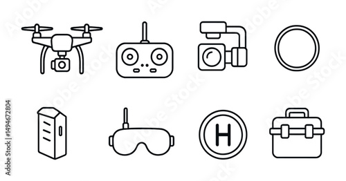 Drone technology line icons set – linear, outline, uav and aerial symbols