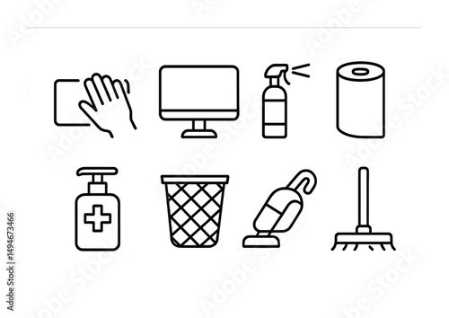 Cleaning tools outline icons set – linear, sanitation, hygiene symbols