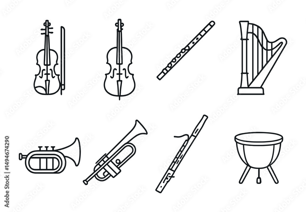 Fototapeta premium Musical instruments icon set – outline, linear, orchestra and band symbols
