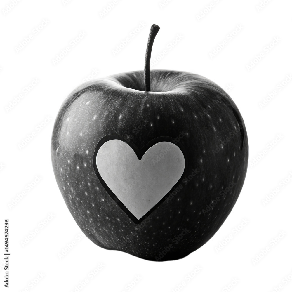 Obraz premium Black and white apple with heart-shaped cutout isolated on white background