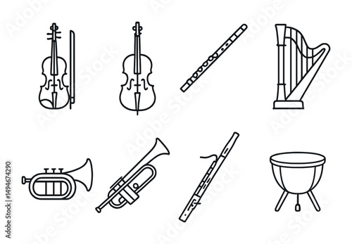 Musical instruments icon set – outline, linear, orchestra and band symbols