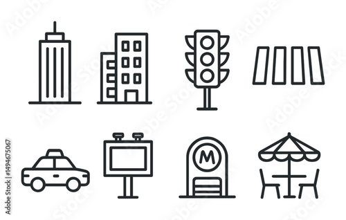 Urban city outline icons set – street, architecture, urban design symbols