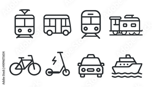 Transportation outline icons set – linear, bike, train, and vehicle symbols
