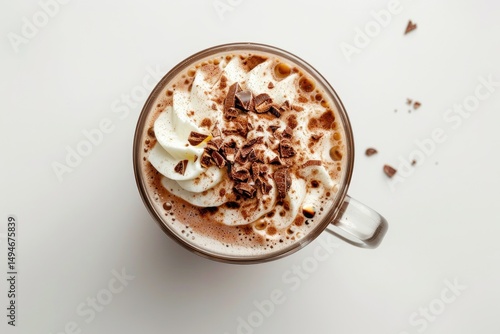 Top view of a white background with a glass cup of tasty hot chocolate topped with whipped cream