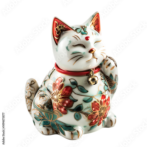 Chinese lucky cat figurine decorated for Chinese New Year isolated on white background festive ceramic maneki neko gift ornament