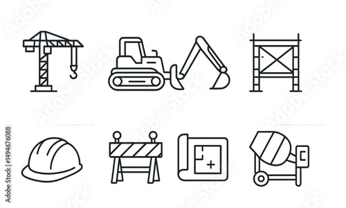 Construction outline icons set – tools, building equipment, engineering symbols