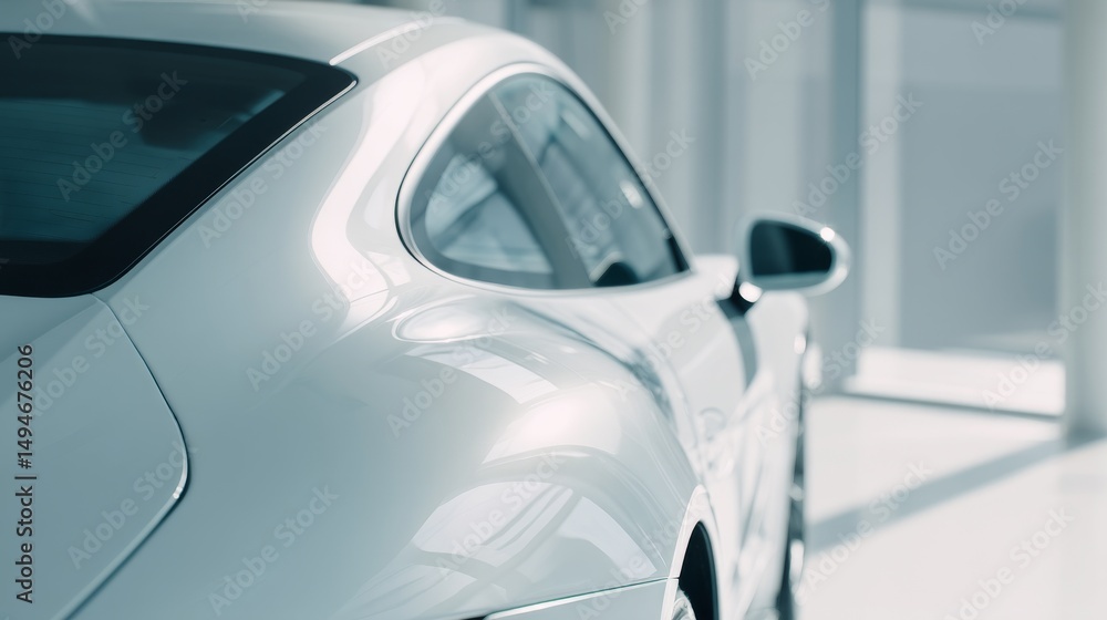 Fototapeta premium Sleek white car parked in modern showroom with soft lighting and minimalist design.