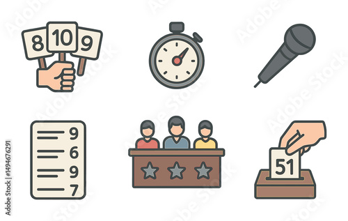 Talent show icons set: flat style for competitions, judging, performance symbols