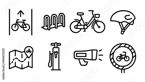 Cycling line icons set – linear, outline, bicycle and bike riding symbols