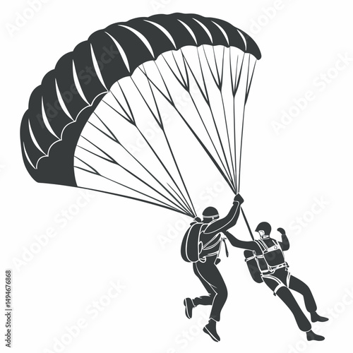 Tandem skydiving silhouette featuring two people underneath a large parachute
