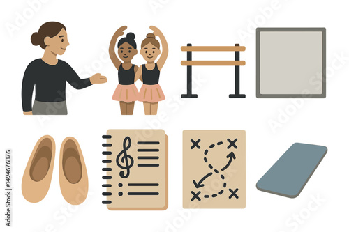 Ballet and dance linear icons set – outline, ballet shoes, dance class elements