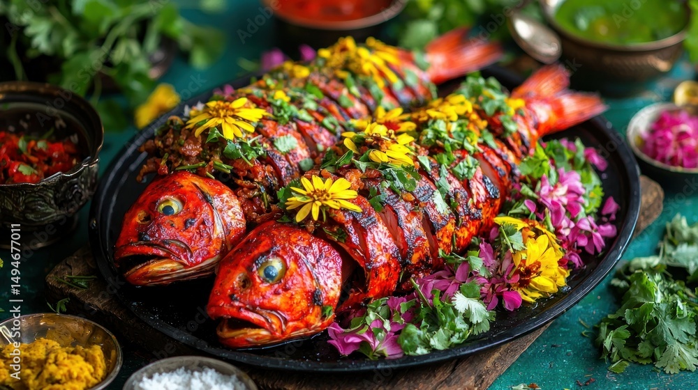 Fototapeta premium Two red fish, grilled and garnished, on dark plate