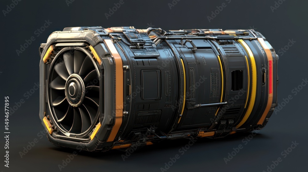 Futuristic cylindrical engine with intricate details, featuring a prominent fan and segmented design Futuristic cylindrical engine with intricate details, featuring a prominent fan and segmented design