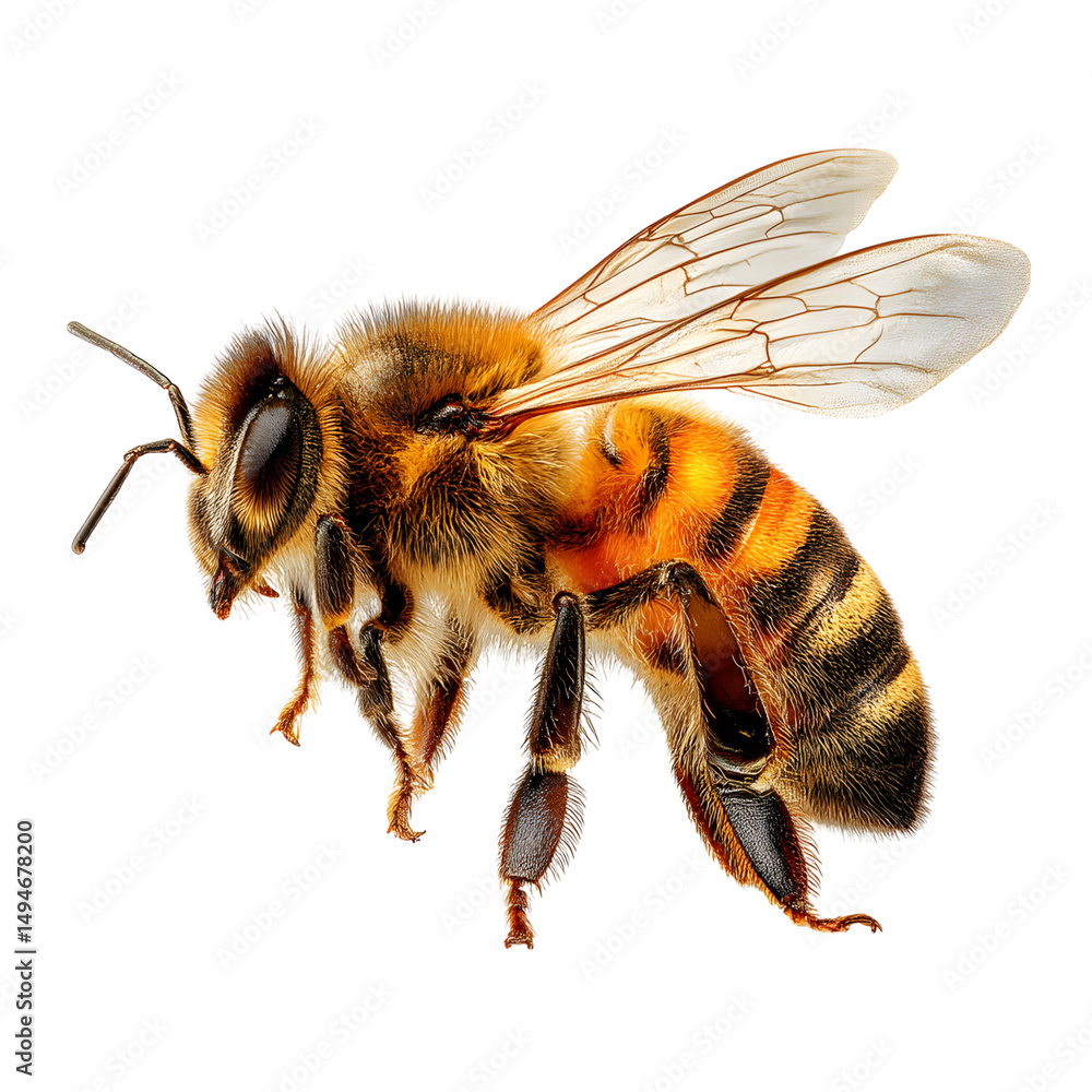 Close up of honey bee flying isolated on black background macro insect shot on transparent background Close up of honey bee flying isolated on black background macro insect shot on transparent background