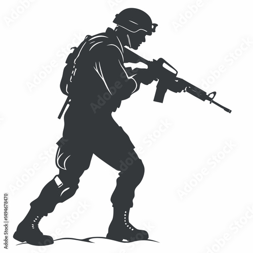 Silhouette of armed soldier aiming rifle in combat readiness position vector illustration