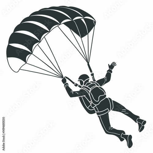 Isolated silhouette of skydiver with parachute minimalist black and white vector illustration