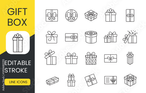 Set of gift box icons with editable stroke for e-commerce packaging birthday promotions festive visuals and holiday marketing design