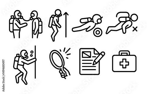 Scuba diving linear icons set – line, outline, underwater and safety symbols