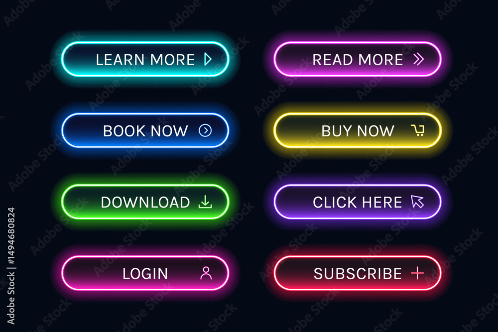 Trendy Glowing Neon Button Design. Neon buttons for web design. Neon buttons on dark background