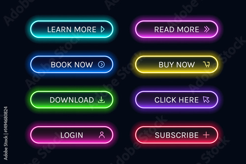 Trendy Glowing Neon Button Design. Neon buttons for web design. Neon buttons on dark background