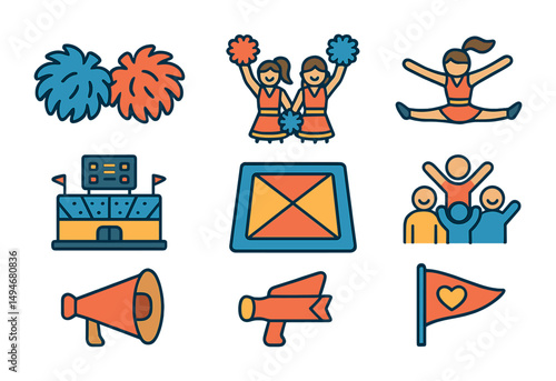 Cheerleading flat icons set – team spirit, performance and sports symbols
