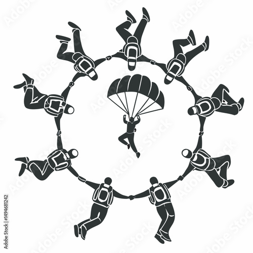 Skydiving team formation silhouette vector illustration skydiving sport group aerial activity