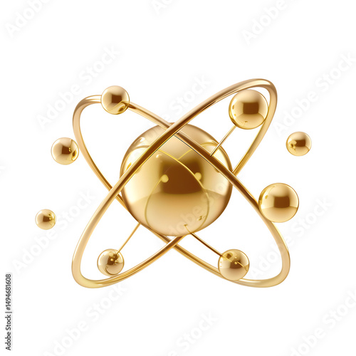 Golden atom model 3D render isolated on white background molecule physics chemistry structure icon