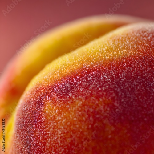 Detailed macro shot of a peach captures its vibrant colors and velvet texture.
