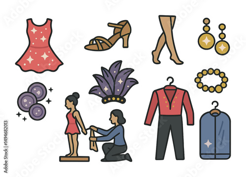 Fashion and costume icons set – flat, outline, wardrobe and styling symbols